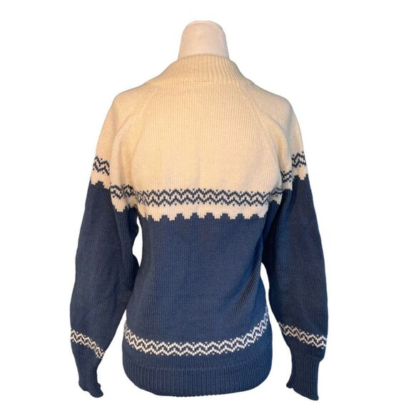 Vintage Fair Isle Mock Neck Sweater Blue Off White Knit Long Sleeve S - Picture 3 of 3